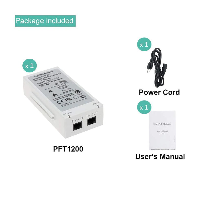 60W Gigabit Ultra POE Injector PFT1200 Single Port Hi-POE Midspan 802.3at/af, 10/100/1000Mbps